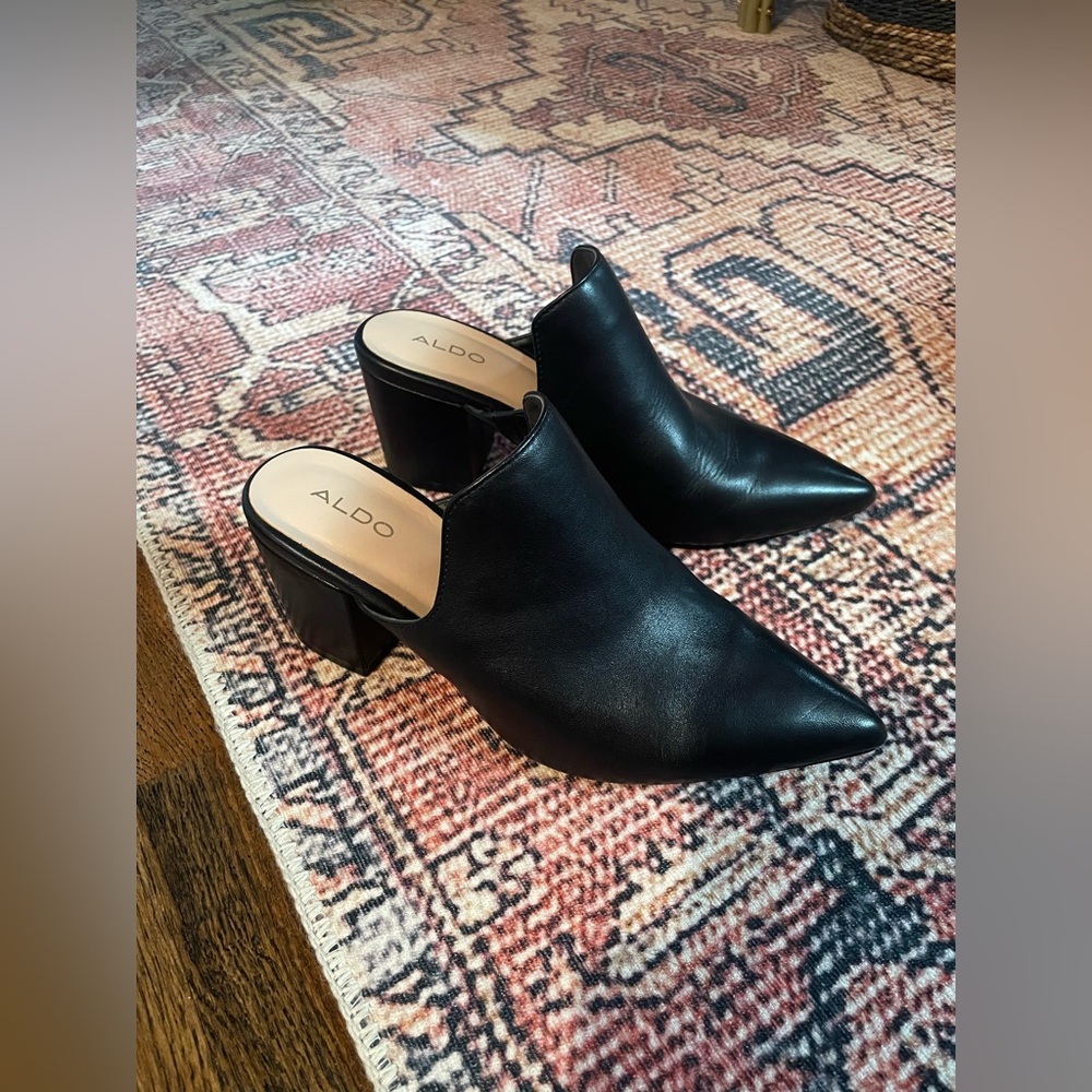 Aldo Black Faux Leather Mules